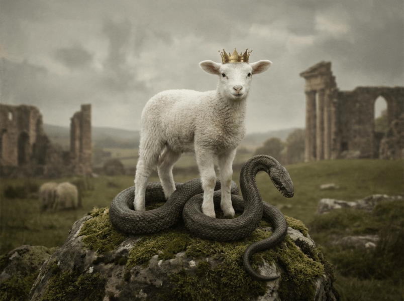 A white lamb wearing a golden crown stands on a rock with a coiled snake.
